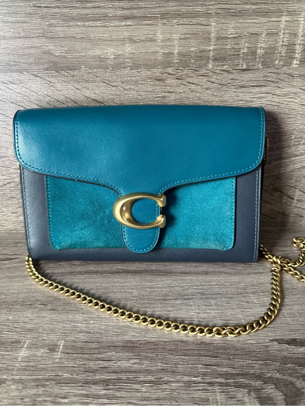 Teal and Navy Leather Crossbody Bag with Gold Accent
